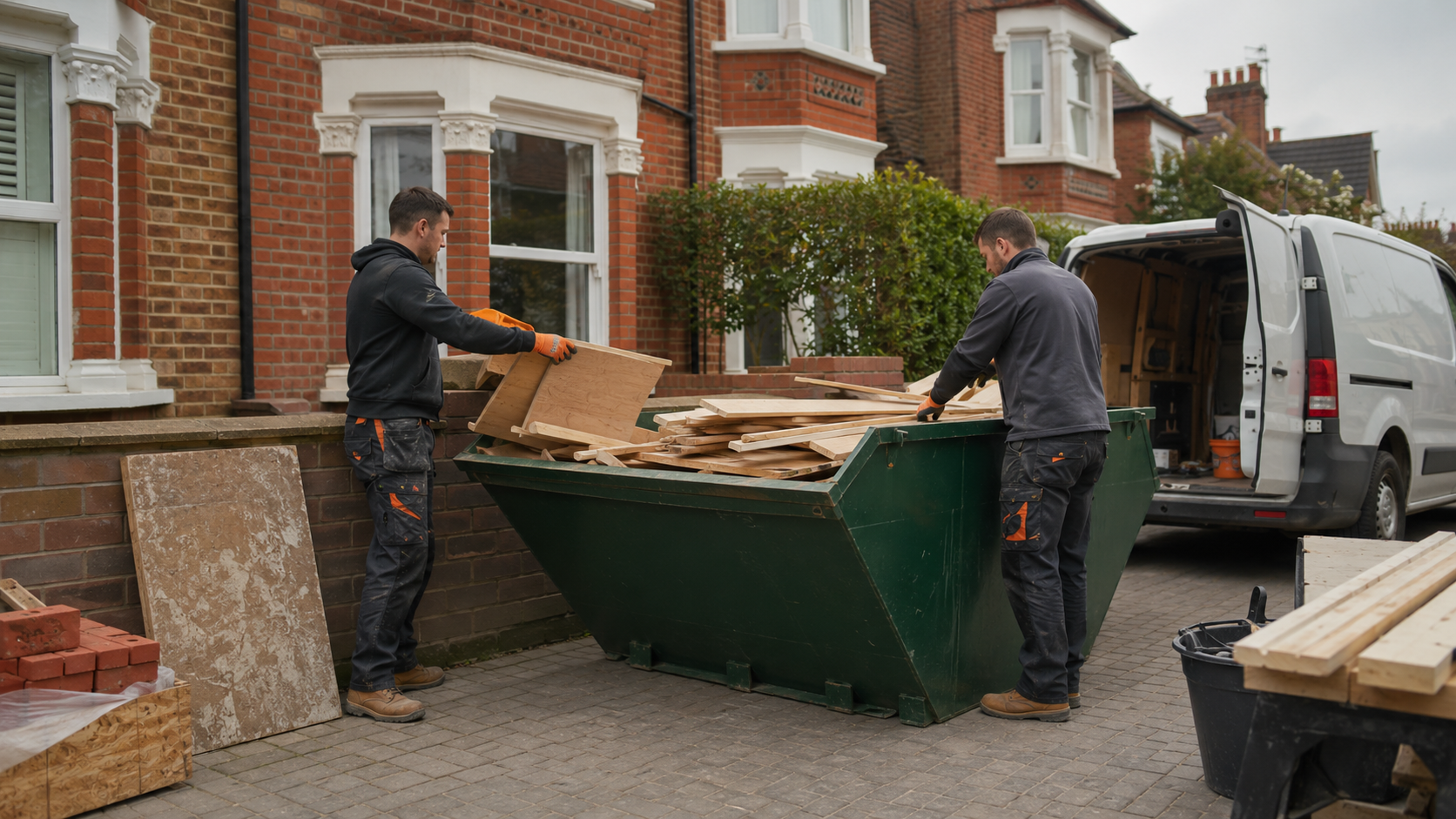 Builders loading a skip during a home renovation